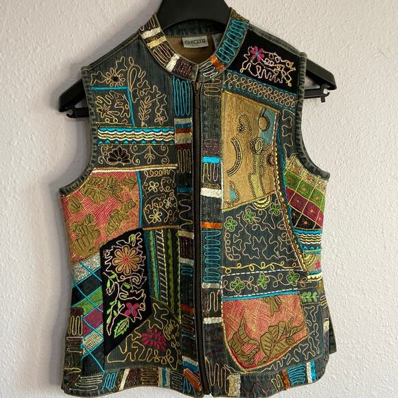 Chico Women Embroidered Embellished Denim Vest Size 0 - Picture 1 of 10